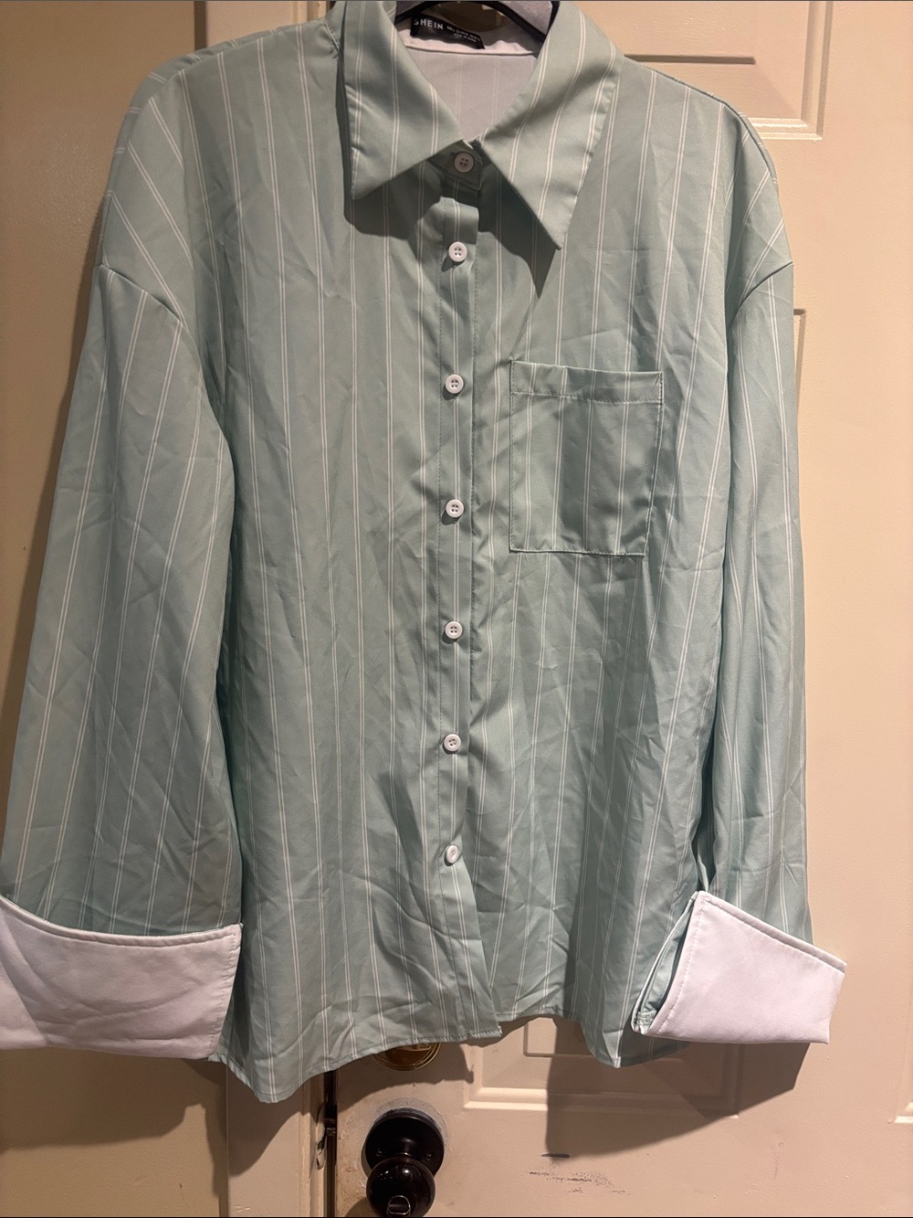 SHEIN Light Mint Striped Dress Shirt with White Cuffs